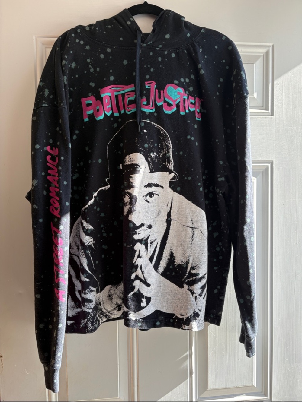 Poetic Justice Black Graphic Hoodie with Pink & Teal Accents